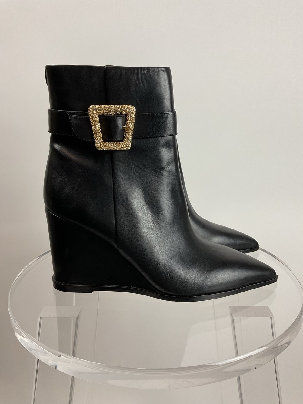 SAM EDELMAN BLACK POINTED TOE WEDGE ANKLE BOOTS GOLD BUCKLE SIZE 8.5